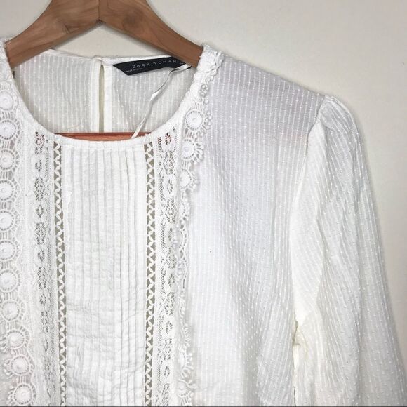 Zara Sz L White textured fabric lace trim blouse - Picture 4 of 6